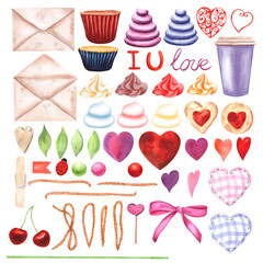 Set of elements for the holiday Valentine's Day drawn by watercolors