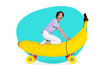 Creative template collage ads of funny youth girl ride modern longboard banana decorated