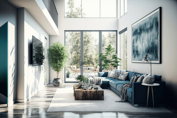 Fototapeta premium Large, modern and stylish living room with a view, AI generated