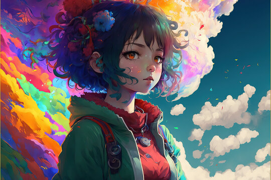 Chinese anime girl vaping clouds of rainbow, Generative AI #4