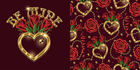 Set of label, seamless pattern for wedding, engagement event, Valentines Day, gift decoration. Roses, golden heart, ribbons, beads on dark red background. Vintage style