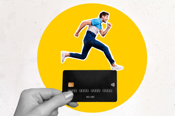 Creative poster collage of crazy little guy run buying e shop discount pay nfc huge credit card on...