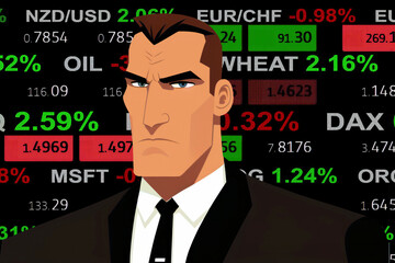 young cartoon comix businessman standing in front of a real stock market chart - new quality creative financial business stock image design