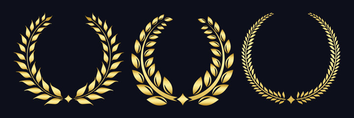 Golden laurel wreath. Gold silhouette laurel foliate wreaths award, heraldic trophy crest, achievement, heraldry, nobility. Golden leaf silhouette on black background. Vector illustration. 