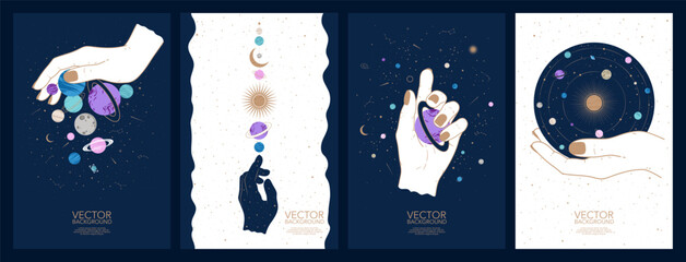 Collection of space esoteric mystery magic cards and posters. Hand drawn mysterious vector illustrations. Astrology, occultism and alchemy concept in boho style.