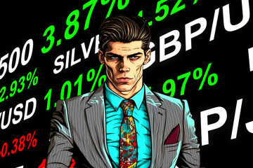 young cartoon comix businessman standing in front of a real stock market chart - new quality creative financial business stock image design