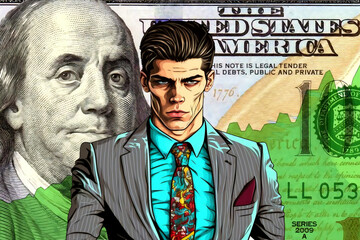 young cartoon comix successful businessman standing in front of a real stock market raising economy dollar chart - new quality creative financial business stock image design