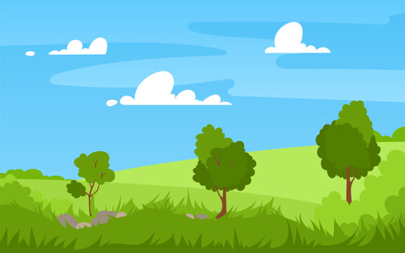 Vector illustration of beautiful summer landscape fields, trees, green hills, tall grass, blue sky bright color, clouds country background in flat banner cartoon style.