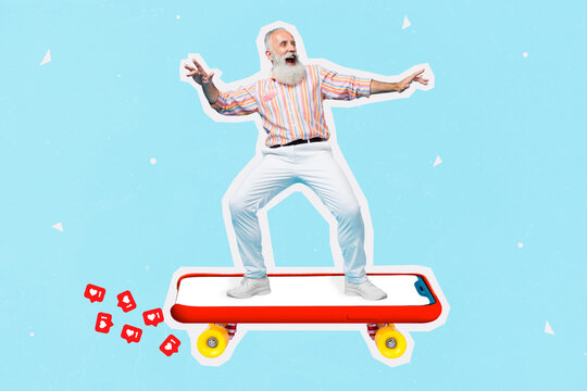 Creative Collage Photo Old Age Gray Beard Man Riding Skate Active Hobby Smartphone Display Much Shares Likes Notification Isolated On Blue Background