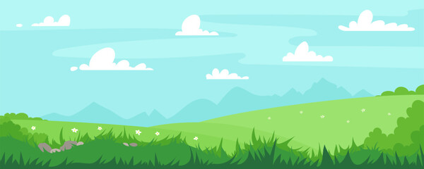 Obraz premium Vector illustration of beautiful summer landscape fields, flowers, grass, trees green hills, mountains blue sky bright color, clouds country background in flat banner cartoon style. Spring season.