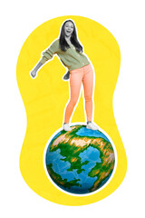 Vertical collage image of positive funky girl stand planet earth globe dancing isolated on drawing...