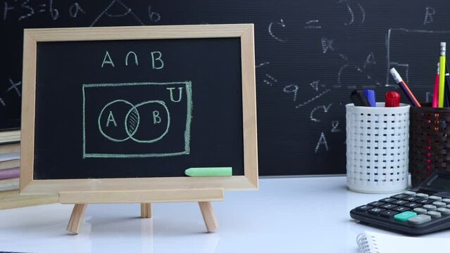 Blackboard with sample basic set hand written  and geometric shapes