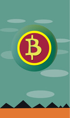 coin with bitcoin symbol in sky with clouds over land, desert, mountains. Bitcoin. Physical bitcoin. Digital cryptocurrency. 