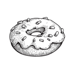 Hand drawn sketch style donut with white icing and marshmallow. Sweet dessert. Best for menu designs. Vector illustration.