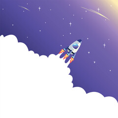 Rocket launch. Vector illustration of space travel and research. Project launch. Background illustration in cartoon style.