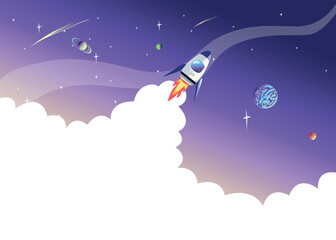 Obraz premium Rocket launch. Vector illustration of space travel and research. Project launch. Background illustration in cartoon style.