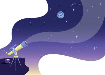 Telescope in the night sky in cartoon style. Space exploration. Vector illustration on the background of the starry sky.