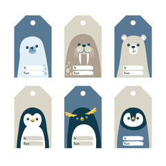 Gift tag and label vector templates with cute arctic animals - walrus, penguin, polar bear and fur seal