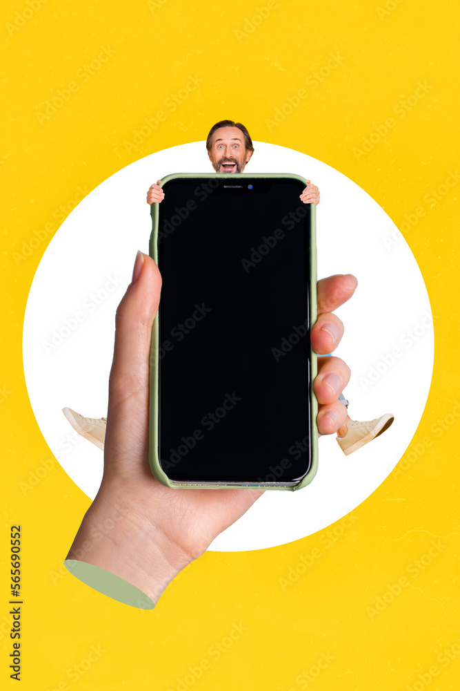 Poster creative magazine advert collage of happy amazed middle aged man hide smartphone advertise gadget di