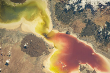 Lake Urmia in northwest Iran. Earth landscape. Abstract colorful shapes of earth. Elements of this image furnished by NASA