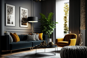 Stylish living room with modern furniture and stylish decor. Idea for interior design. AI