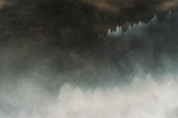 Ilustracja, grafika krajobraz leśny wierzchołki drzew las we mgle.
