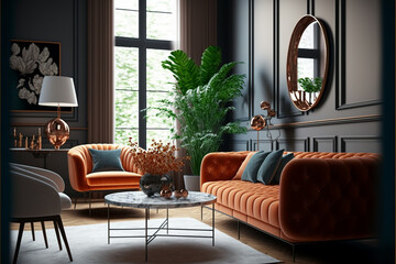 Stylish living room with modern furniture and stylish decor. Idea for interior design. AI