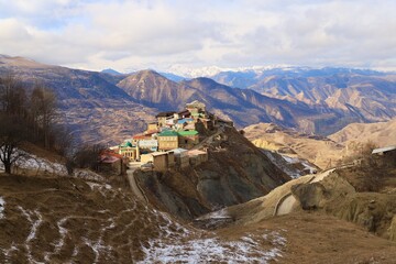 The bright and colorful village of Chokh against the backdrop of a mountain panorama in the Gunibsky district of Dagestan.