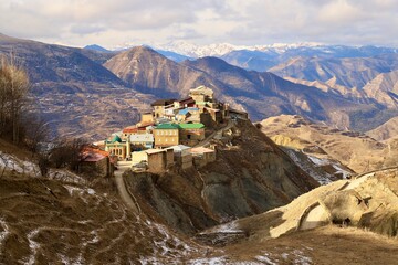 The bright and colorful village of Chokh against the backdrop of a mountain panorama in the Gunibsky district of Dagestan.