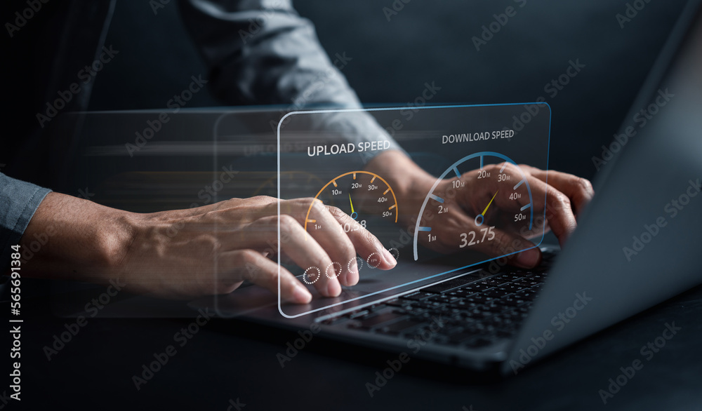 Aufkleber Super Fast internet connection speedtest bandwidth network technology, Man using Internet high speed by smartphone and laptop computer, 5G quality, speed optimization.