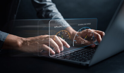 Super Fast internet connection speedtest bandwidth network technology, Man using Internet high speed by smartphone and laptop computer, 5G quality, speed optimization.