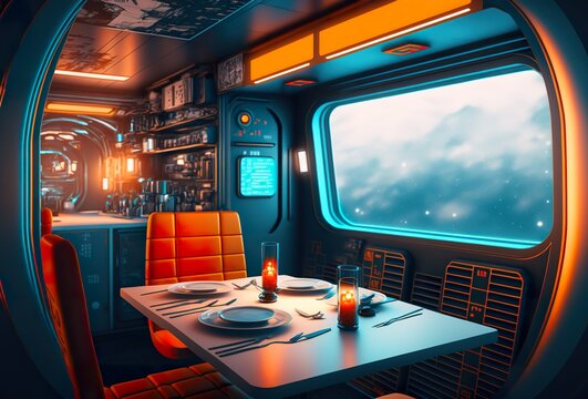 Raumschiff, Kantine oder Restaurant mit Blick auf einen Planeten. Konzept vom Reisen im Weltraum - KI