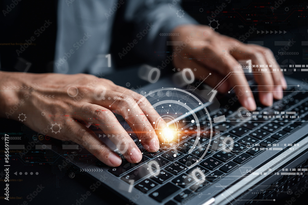 Poster Cybersecurity and privacy concepts to protect data. businessman with internet network security technology. Businessman locking personal data on computer with virtual screen interfaces. cyber security