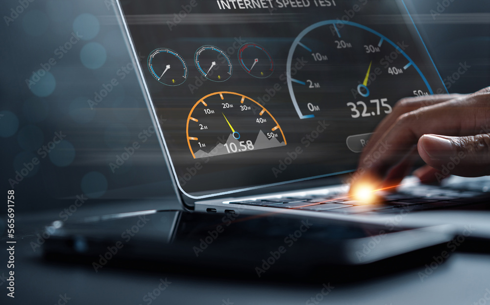 Poster Super Fast internet connection speedtest bandwidth network technology, Man using Internet high speed by smartphone and laptop computer, 5G quality, speed optimization.