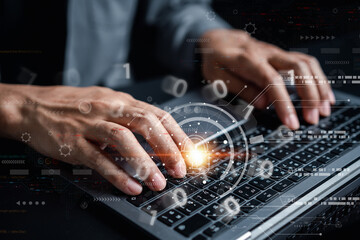 Cybersecurity and privacy concepts to protect data. businessman with internet network security technology. Businessman locking personal data on computer with virtual screen interfaces. cyber security