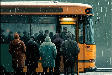 crowd of people standing at bus stop created with Generative AI technology - obrazy, fototapety, plakaty