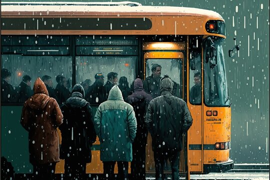 Crowd Of People Standing At Bus Stop Created With Generative AI Technology