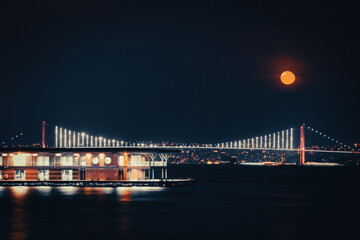 Fototapeta na wymiar Spectacular view of the Bosphorus Bridge and Karaköy pier accompanied by the moonlight. Istanbul night life wallpaper