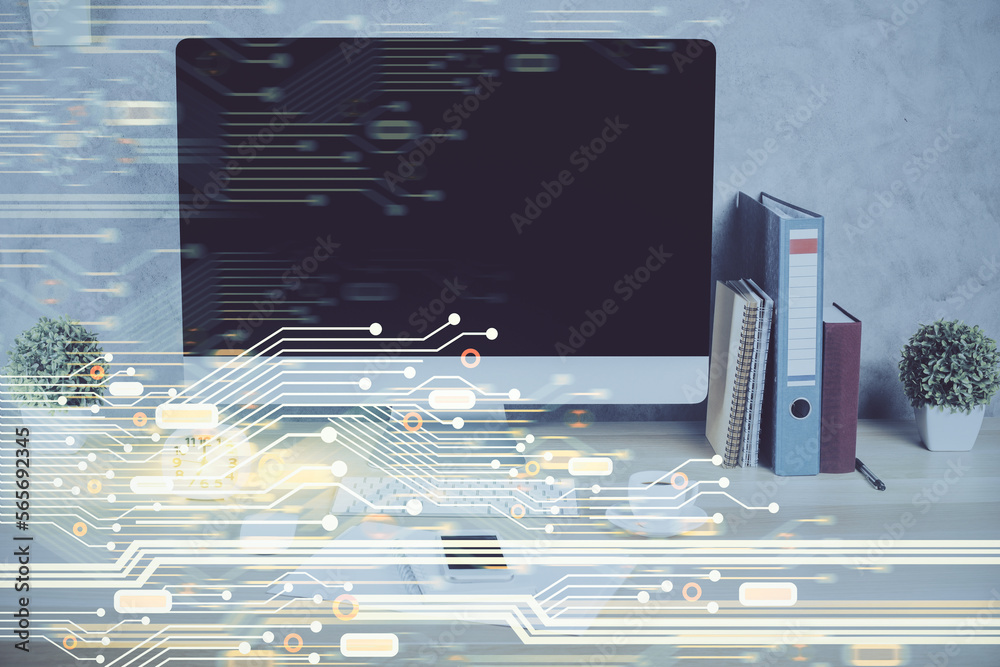 Poster Double exposure of table with computer on background and data theme hologram. Data technology concept.