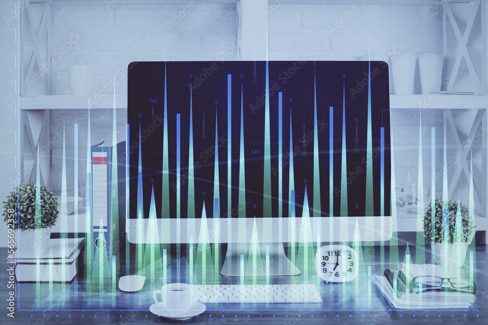 Poster forex graph hologram on table with computer background. double exposure. concept of financial market