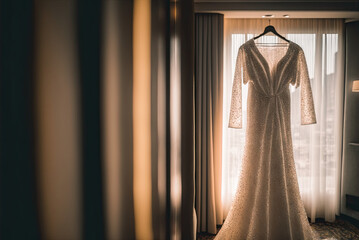Elegant classic shimmery wedding dress on hanger. Dreamy light. Generative AI