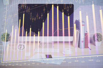 Forex graph hologram on table with computer background. Double exposure. Concept of financial markets.