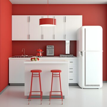 A modern kitchen with white cabinets and red walls. A white island with a red countertop sits in the center of the room, with red bar stools pulled up to the counter. 