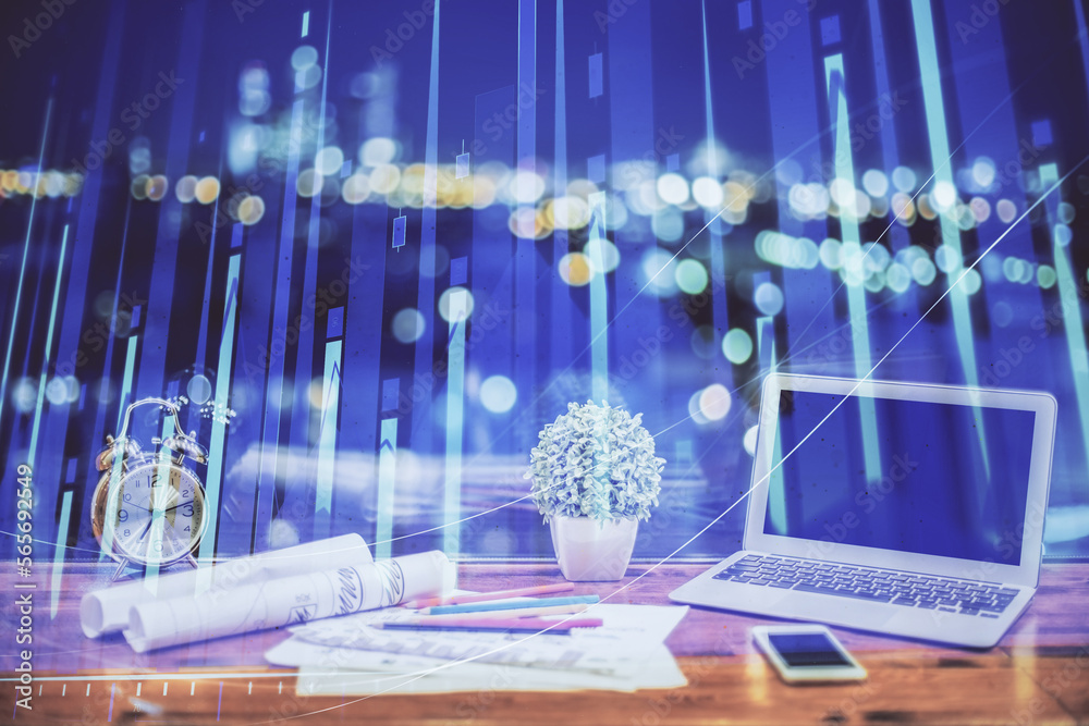 Poster forex graph hologram on table with computer background. double exposure. concept of financial market