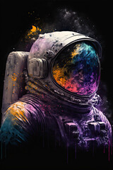 Fototapeta na wymiar Astronaut in the dark space with color splashes