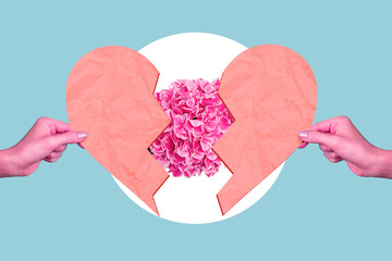 Collage photo of hands hold halves broken heart present valentine day blooming pink flowers natural...