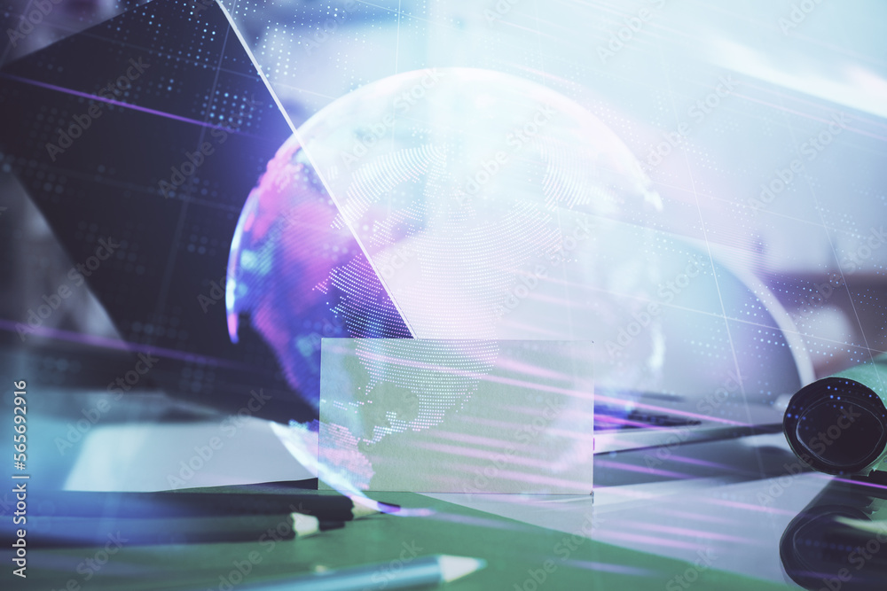 Poster computer on desktop in office with technology theme hologram. multi exposure. tech concept.