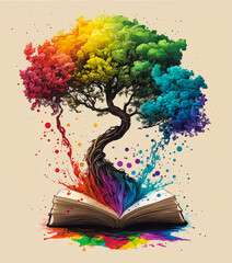 A colorful rainbow brush stroke painting of a fantastical bonsai tree on a book. Generative AI