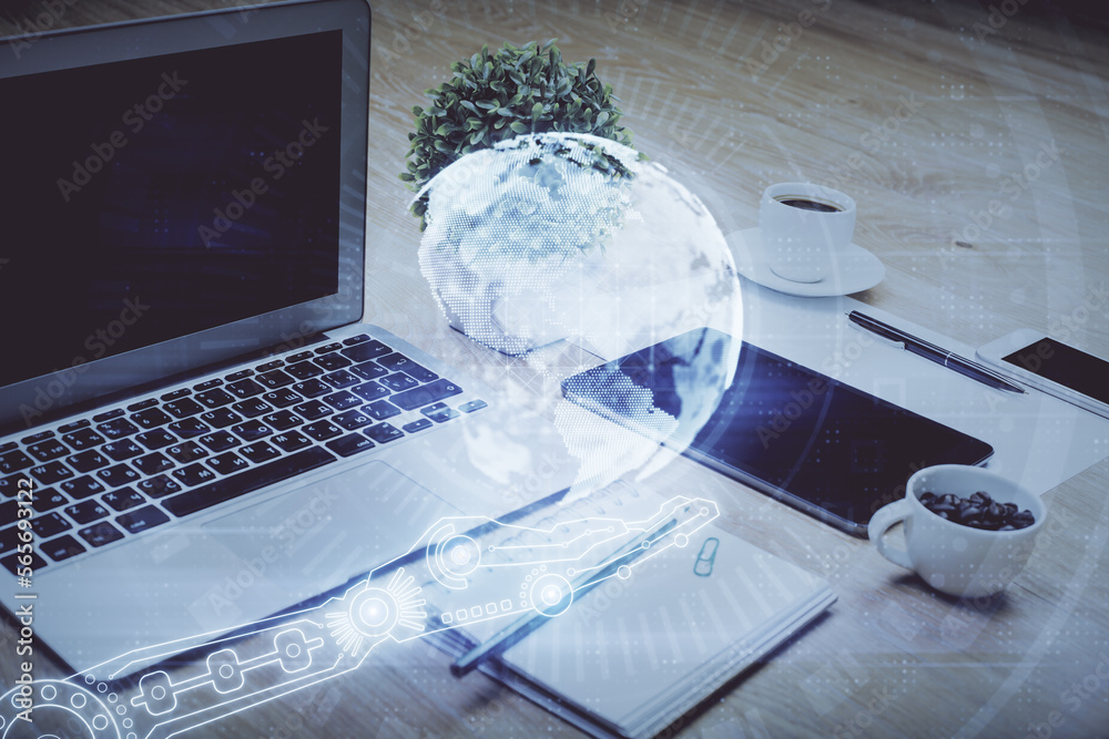 Leinwandbilder Double exposure of desktop with computer and world map hologram. International data network concept.