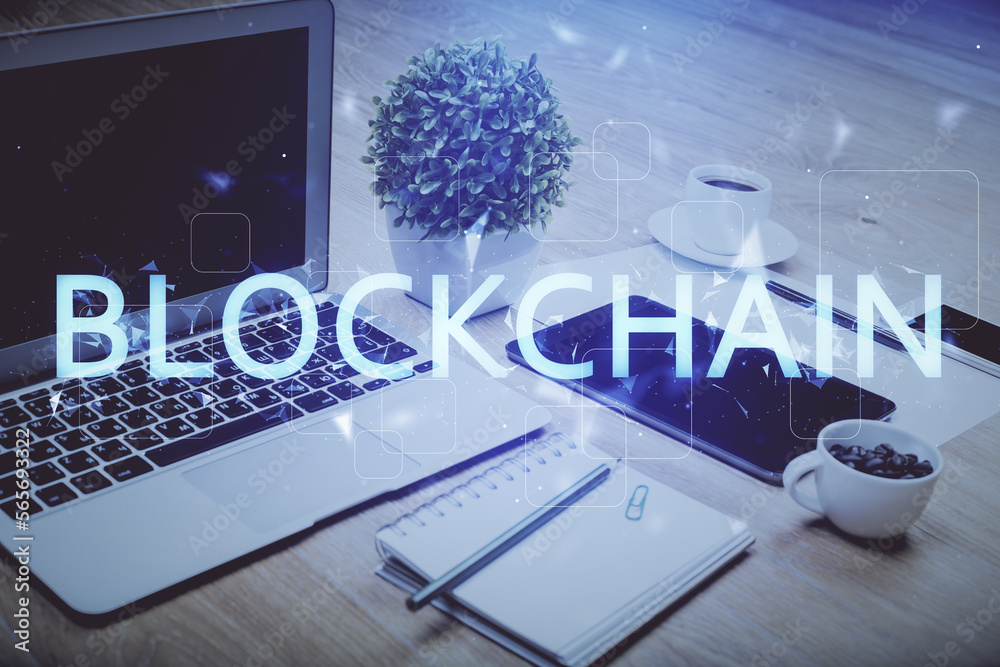 Poster Double exposure of blockchain and crypto economy theme hologram and table with computer background. Concept of bitcoin cryptocurrency.